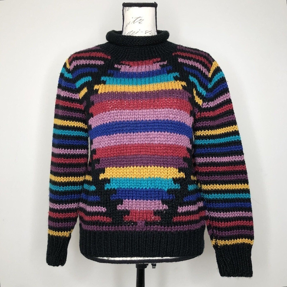 Vintage Three Feet Off Colorful Striped Mock Neck Knit Pullover Sweater size M